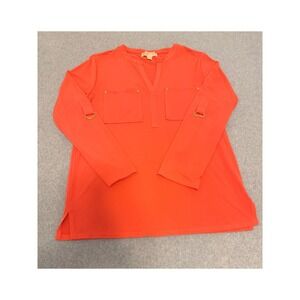 Michael Kors Coral Orange Split V-Neck Tunic Top Gold Hardware Womens Medium